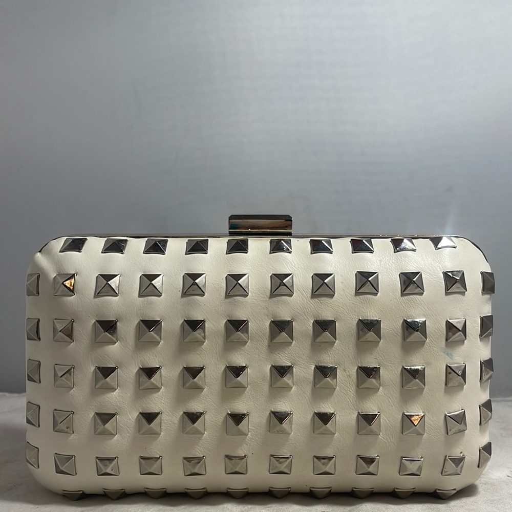 White and silver rock stud studded hard detachable clutch chain crossbody